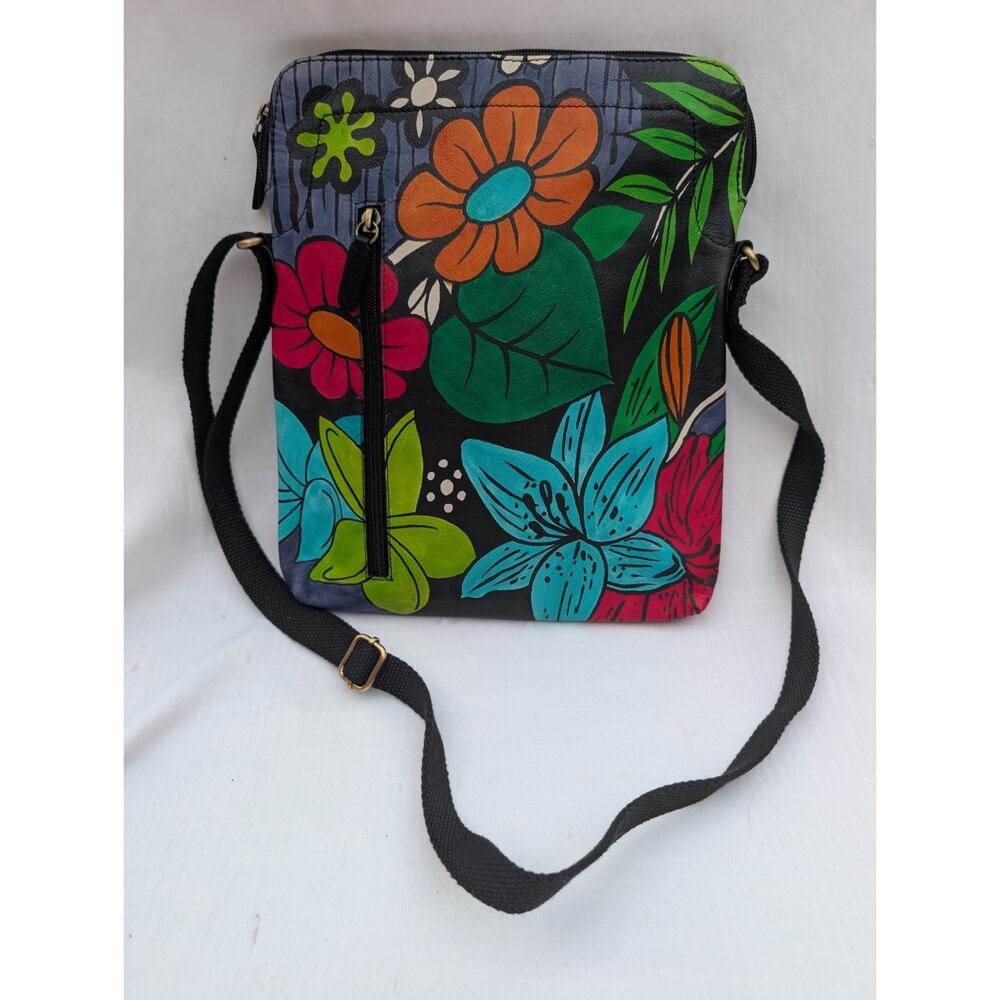 Handpainted Leather Crossbody Shoulder Bag Floral‎ Boho Artisan Adjustable Strap